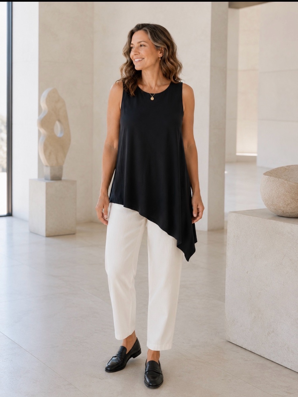 Eileen Fisher Black Viscose Stretch Asymmetric Tunic Top Small
